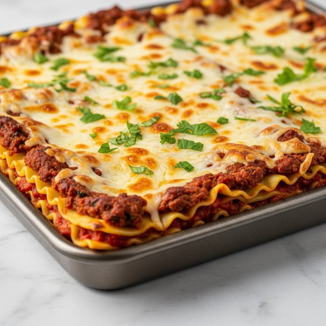 A baked lasagna in a metal tray on a white marbled surface, showing several layers of wide, wavy-edged pasta sheets with a rich red tomato sauce and browned ground meat filling in between. The top layer is a smooth, melted mix of white cheese with golden spots from baking, sprinkled generously with chopped green herbs and grated cheese. The edges show slightly crispy, browned pasta, and some sauce bubbles peek through. Photo taken with an iphone --ar 4:5 --v 7