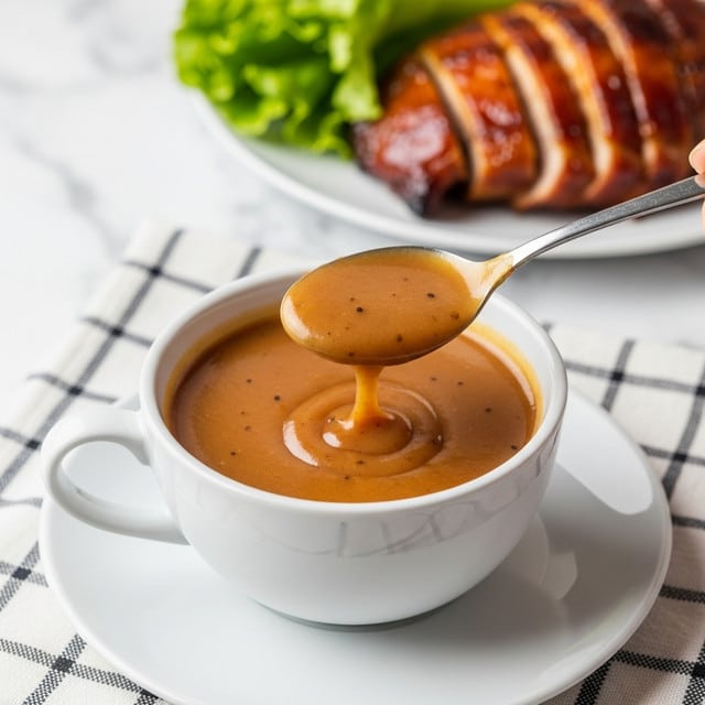 A white cup filled with a thick brown soup that has a smooth texture with some coarse black pepper sprinkled on top. A spoon lifted above the soup shows the liquid dripping in a glossy, rich stream. The cup sits on a matching white saucer placed on a white marbled surface, with a blurred background of fresh green lettuce and what looks like sliced salmon. The scene is bright and inviting, focusing closely on the warm soup. photo taken with an iphone --ar 4:5 --v 7