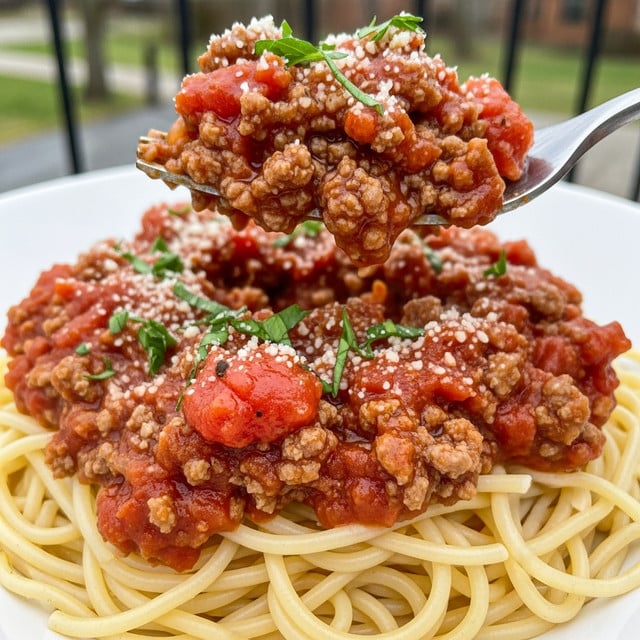 A close-up view of a dish with two layers, the bottom layer showing light yellow spaghetti noodles peeking out from under a thick top layer of rich, chunky red meat sauce with visible ground meat and small tomato pieces. The sauce is garnished with small bits of fresh green parsley and sprinkled with white grated cheese. A silver fork lifts a portion of the sauce, showing its texture and fresh herbs clearly. The dish is served in a white bowl, with a blurry outdoor scene in the background. photo taken with an iphone --ar 4:5 --v 7