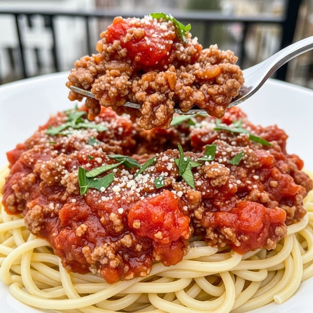 The image shows a close-up of a rich meat and tomato sauce over spaghetti on a white plate, with the sauce layered thickly on top of the pasta. The sauce is deep red with chunks of ground meat and tomato pieces, topped with small green parsley leaves sprinkled across and grated cheese scattered over it. A fork lifts a spoonful of the thick sauce, revealing its chunky texture and vibrant color, with the pasta slightly visible underneath. The background is blurred, showing hints of blue and green out of focus, and the dish sits on a white marbled surface. Photo taken with an iphone --ar 4:5 --v 7