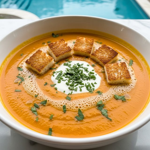 A white bowl filled with thick orange soup topped with five golden brown toasted bread cubes placed near the center, arranged around a dollop of white cream spread in the middle, which is generously covered with finely chopped green herbs. The soup has small bits of green herbs scattered around and a light frothy texture near the edges. The background shows a peaceful pool area with blurred details, and the bowl rests on a white marbled surface. photo taken with an iphone --ar 4:5 --v 7