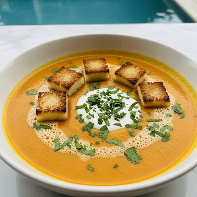 A bowl is filled with smooth, thick orange soup that has a few bubbles and light froth on the surface. On top, five square pieces of golden brown toasted bread are arranged in a circle. In the center of the circle is a dollop of white cream topped with finely chopped green chives, while small pieces of chives are scattered lightly on the bread and soup. The bowl sits on a white marbled surface with a softly blurred background showing an outdoor pool area. photo taken with an iphone --ar 4:5 --v 7