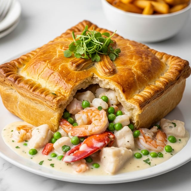 This image shows a square-shaped seafood pot pie with a thick, shiny golden-brown puff pastry crust on top. The crust has a wavy edge and is decorated with multiple raised sections, giving it a puffy texture. Inside, there is a creamy white sauce filled with chunks of shrimp, lobster claw pieces with a reddish shell, and green peas, spilling slightly onto the white plate below. A small bunch of green rosemary sprigs lies on top of the crust. In the blurred background, a white bowl with golden-brown fries is visible on a white marbled surface. photo taken with an iphone --ar 4:5 --v 7