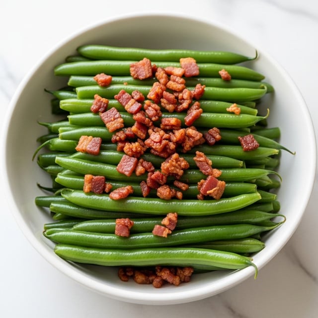 A close-up of a dish featuring bright green beans arranged in layers, topped with small, crispy pieces of reddish-brown bacon spread evenly across the beans. The green beans look fresh and slightly shiny, with a light glistening from oil or sauce. The dish is served in a white bowl with a white marbled texture background. Photo taken with an iphone --ar 4:5 --v 7