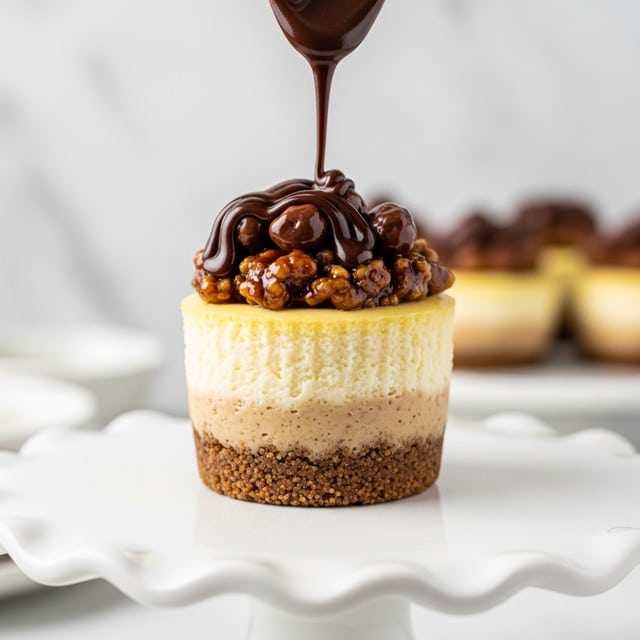 A close-up of a small cheesecake on a white, wavy-edged cake stand with a white marbled background. The cheesecake has three layers: a bottom crumbly brown crust, a thick creamy pale yellow middle layer, and a top layer of glossy dark caramel-covered pecans being drizzled with more caramel from a spoon above. The texture of the caramel is smooth and shiny, slowly dripping and coating the pecans. The cheesecake is wrapped in a clear ridged liner, highlighting its clean edges and creamy filling. Photo taken with an iphone --ar 4:5 --v 7