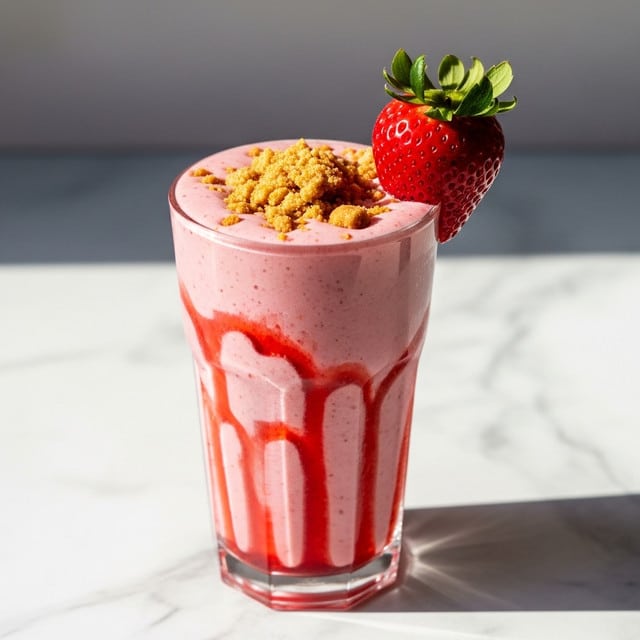 A tall clear glass filled nearly to the brim with a thick pink strawberry smoothie that has a smooth texture with swirls of a darker red strawberry syrup flowing inside the glass creating a marbled effect. On top of the smoothie is a layer of finely crushed light brown crumbs, adding texture contrast. A whole fresh bright red strawberry with green leaves is perched on the rim of the glass. The glass is placed on a white marbled surface with soft natural light casting shadows to one side. Photo taken with an iphone --ar 4:5 --v 7