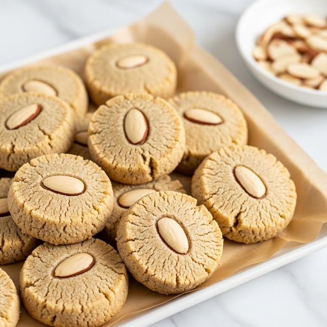 A close-up of a tray full of round, golden-brown cookies with a slightly rough texture and a single almond slice pressed into the center of each cookie. The cookies are piled on top of each other on light brown parchment paper that lines the white tray. In the background, there is a white dish with more almond slices to the right. The scene is set on a white marbled surface. photo taken with an iphone --ar 4:5 --v 7