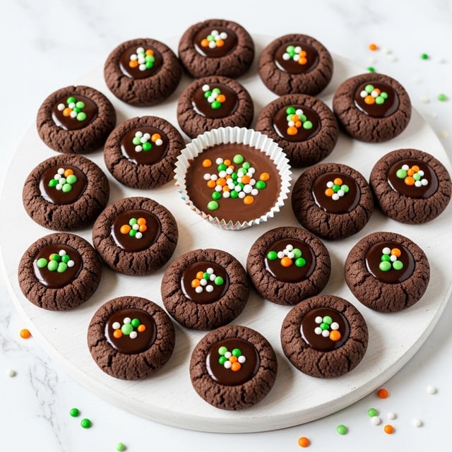 A white round wooden serving board holds a group of dark chocolate thumbprint cookies, each with a shallow center filled with shiny dark chocolate ganache and topped with small green, orange, and white round sprinkles. Near the center of the board is a single paper-lined cup filled with smooth milk chocolate and covered with the same colored sprinkles. The board is set on a white marbled textured surface, and some sprinkles are scattered around it. The cookies have a rough, crumbly texture with a deep brown color. photo taken with an iphone --ar 4:5 --v 7
