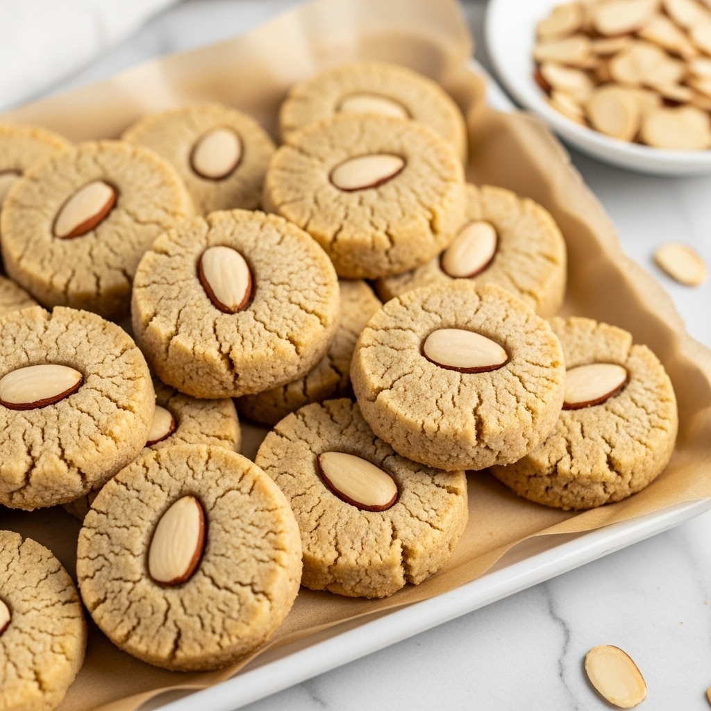 A pile of round golden cookies arranged in a white tray lined with parchment paper. Each cookie has a slightly cracked surface with a grainy texture and a light brown color with darker browned edges. In the center of every cookie, there is one almond slice placed flat. To the right side, there is a small white bowl filled with many almond slices, with some scattered almonds around the tray. The background is a white marbled texture. photo taken with an iphone --ar 4:5 --v 7