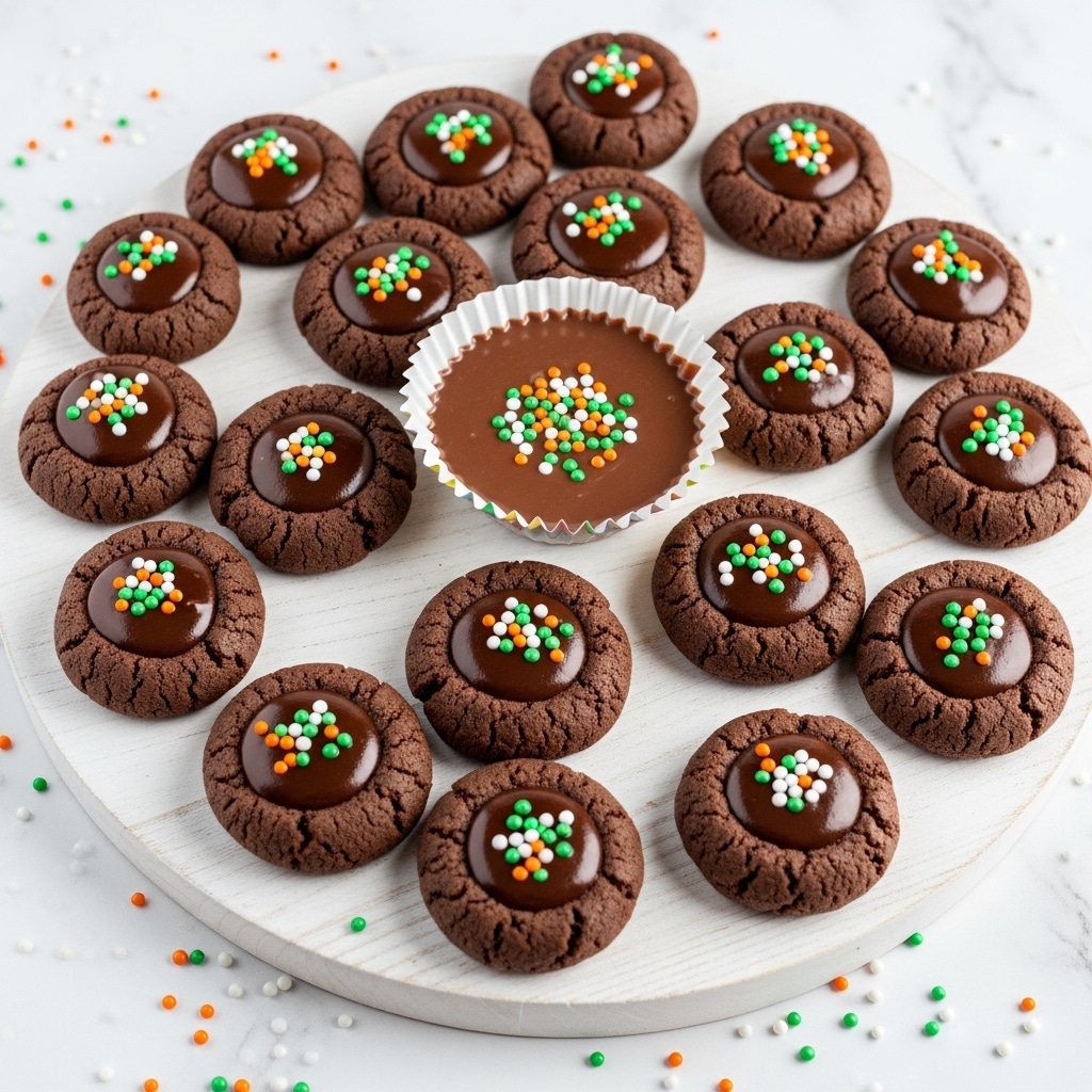 A white round wooden board holds about fifteen dark brown cookies with a rough texture, each having a shiny, smooth dark chocolate center filled like a small pool. One of the cookies is a round tart with a smooth milk chocolate layer topped with bright orange, green, and white round sprinkles, slightly overflowing its golden crust. The cookies are scattered with matching colorful sprinkles on a white marbled textured surface under the board. photo taken with an iphone --ar 4:5 --v 7