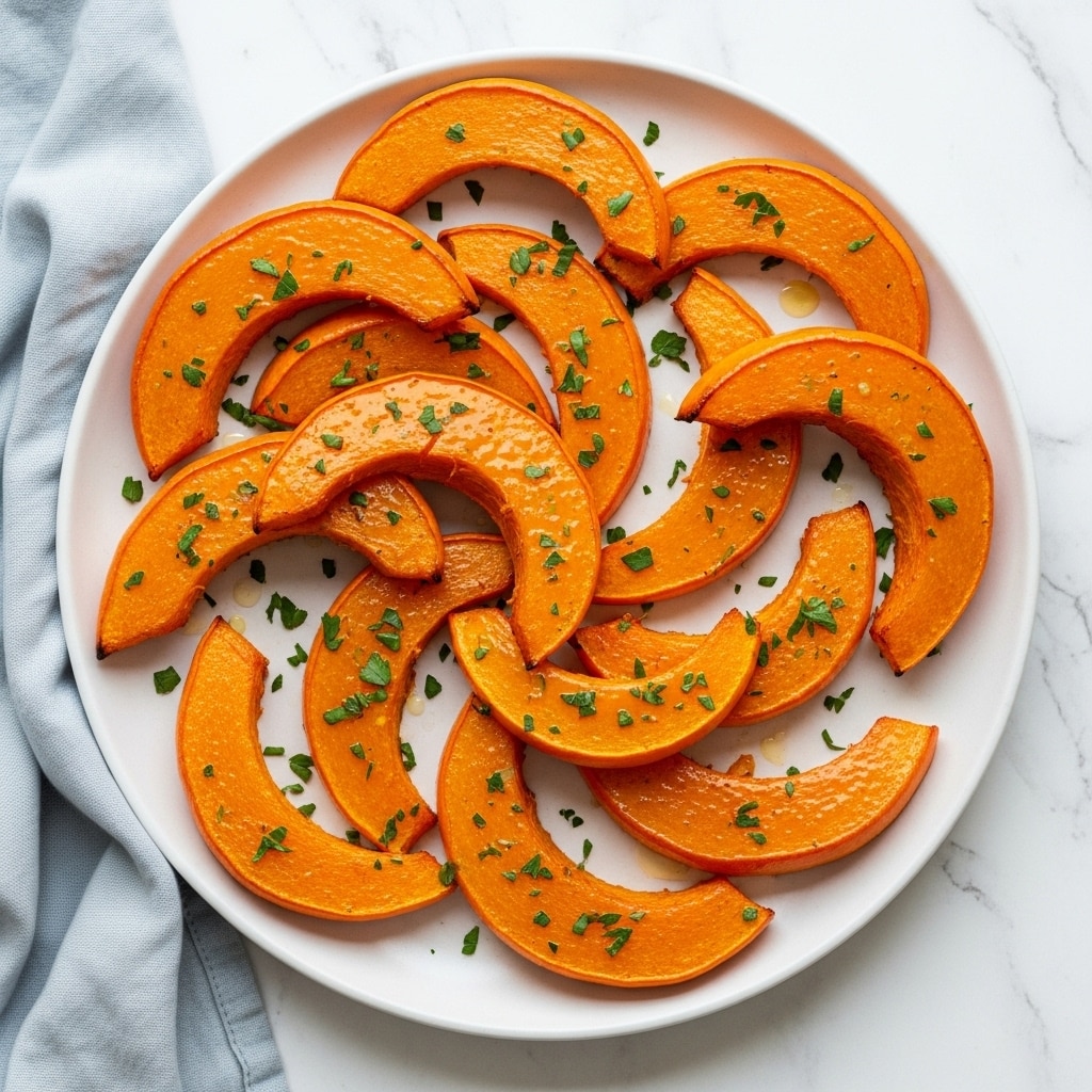 A white plate holds a single layer of roasted orange squash slices, each piece curved and soft with a slightly shiny glaze from cooking oil or butter, giving them a tender texture. The slices are scattered unevenly and sprinkled with small bits of green herbs, adding a touch of fresh color contrast. The plate is placed on a white marbled surface with a light blue-gray cloth visible in the corner. photo taken with an iphone --ar 4:5 --v 7
