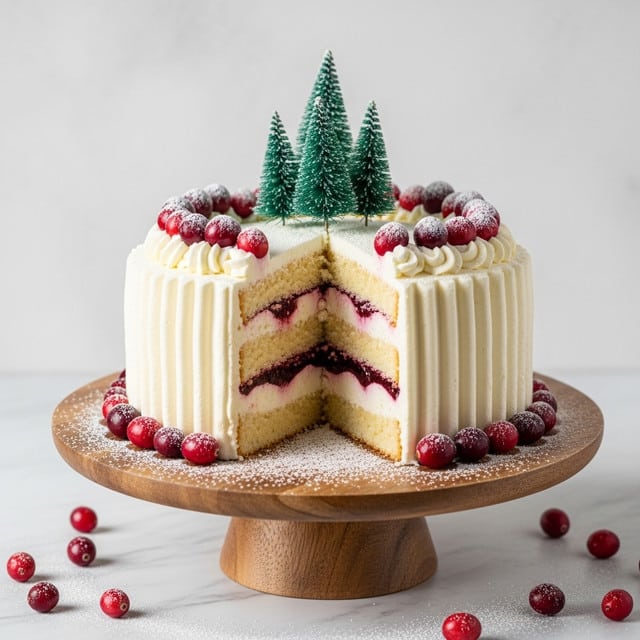 The image shows a two-layer cake on a white marbled surface, placed on a wooden cake stand. The cake has a smooth white frosting with gentle horizontal lines on the sides. Inside, each layer of light brown cake is separated by a thick layer of white cream and a layer of dark red fruit filling in the middle. On top, there are fresh red and dark red cranberries arranged in a circle, dusted with powdered sugar. There are four small green pine tree decorations evenly spaced on top of the cake. Extra cranberries are scattered on the white marbled surface around the stand. photo taken with an iphone --ar 4:5 --v 7