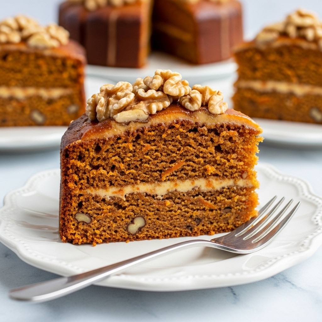 A slice of moist carrot cake sits on a white scalloped plate, showing a dense texture mixed with small bits of nuts and shredded carrot throughout the single brownish-orange layer of the cake. The top layer has a slightly shiny, caramelized glaze and is topped with a cluster of light brown walnut halves. A silver fork lies next to the slice on the plate, all set on a white marbled surface with a soft blue-grey tone. Other slices of cake are blurred lightly in the background, creating a cozy and inviting scene. photo taken with an iphone --ar 4:5 --v 7