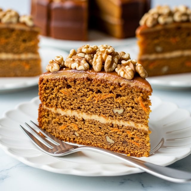 A single slice of carrot cake sits on a white scalloped plate, showing one dense layer filled with small chunks of carrot and nuts, with a moist brown top. The cake slice is topped with a walnut piece placed in the center. In the background, there are more slightly blurred slices of the same cake on white plates, all set against a white marbled surface. A silver fork lies beside the slice on the plate. photo taken with an iphone --ar 4:5 --v 7