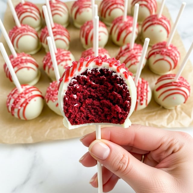 A close-up of a woman's hand holding a white stick with a bitten red velvet cake pop covered in smooth white chocolate. The pop has a deep red, moist cake center and is decorated with small red sugar crystals on top. In the background, many more round red velvet cake pops are arranged on brown parchment paper on a white marbled surface. Each cake pop is coated in white chocolate with red drizzle lines, and all have white sticks. The scene has soft lighting highlighting the creamy texture and vibrant red colors. photo taken with an iphone --ar 4:5 --v 7