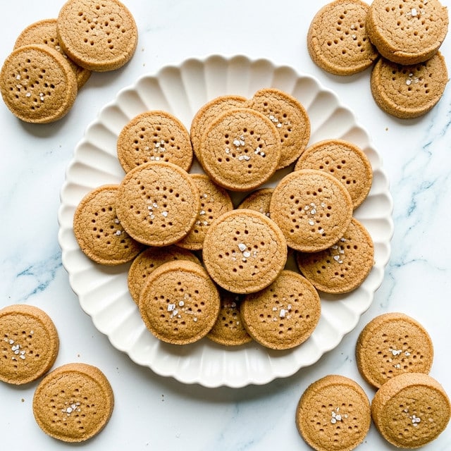 A white scalloped plate holds a pile of about a dozen round shortbread cookies, each golden brown with a slightly darker edge and small holes scattered on the surface. Some cookies have small grains of salt visible on top. Around the main plate, there are smaller piles and single cookies arranged on a white marbled surface with light blue patches. The cookies have a smooth, slightly crumbly texture, and the scene is brightly lit, creating soft shadows. photo taken with an iphone --ar 4:5 --v 7