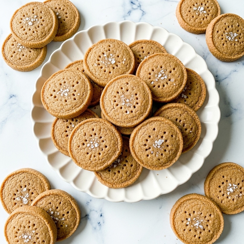 A white scalloped plate filled with about ten light golden brown round cookies stacked in a loose pile. Each cookie has a smooth texture with tiny holes and a few salt flakes sprinkled on top. Around the main plate, there are other white scalloped plates with similar cookies and a few cookies placed directly on a white marbled texture. The lighting is natural and soft, showing the subtle warmth of the cookies. photo taken with an iphone --ar 4:5 --v 7