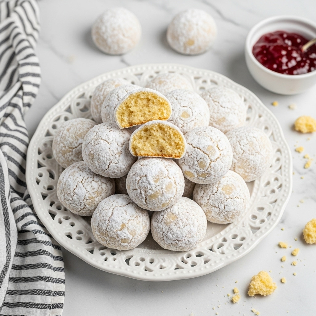 A round plate with a light pattern holds about a dozen small, round cookies covered in white powdered sugar with some crumbs visible on top. Two cookies are cut in half and placed on top, showing their inside layers: a crumbly yellow dough center surrounded by the powdered sugar coating. The plate sits on a white marbled surface with a small white bowl of red jam partially visible to the side and a few crumbs scattered nearby. A striped cloth is partially seen beside the plate. The overall color palette is soft with whites and light yellows, and the textures range from powdery sugar on the outside to a crumbly dough inside. Photo taken with an iphone --ar 4:5 --v 7