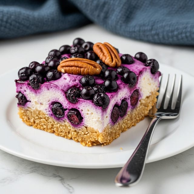 A white plate holds a square piece of blueberry dessert with two visible layers: the bottom layer is crumbly and golden brown, and the top layer is soft with a creamy texture mixed with many dark purple blueberries, some bursting and oozing juice. On the surface, there are a few whole pecans, adding a rich brown color and smooth texture. A shiny silver fork rests on the plate’s edge. The backdrop is a white marbled surface with a dark blue textured cloth softly blurred in the background. Photo taken with an iphone --ar 4:5 --v 7