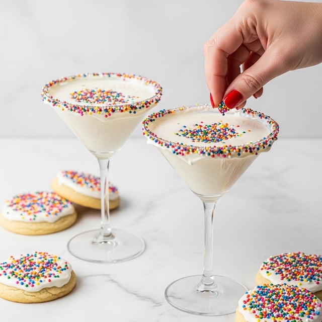 A clear glass with a long stem is filled with a creamy white drink, the rim coated with white frosting and colorful rainbow sprinkles all around. The glass is centered on a white marbled surface, surrounded by round cookies, each topped with white frosting and rainbow sprinkles matching the glass. In the background, there is a blurry hint of a woman's hand holding another glass with the same drink. The lighting is soft, giving a fresh and inviting look. photo taken with an iphone --ar 4:5 --v 7