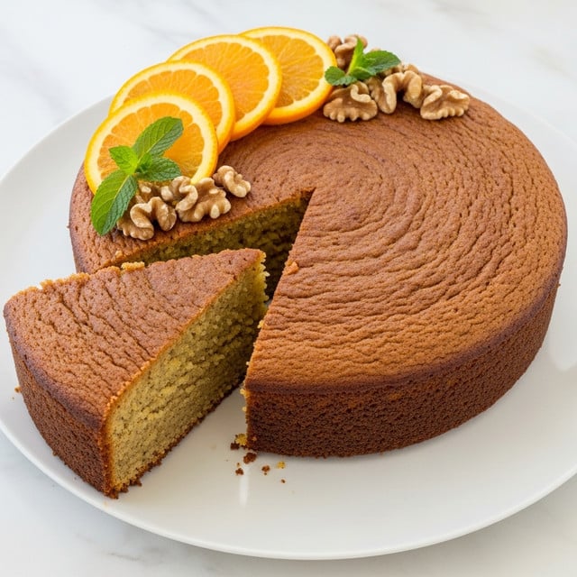 A single-layer round cake with a light brown, smooth, and slightly coarse texture sits on a white plate. One slice is cut out but still close to the cake, showing the even crumb inside that is slightly yellowish-green. The top of the cake is decorated on one side with five thin, bright orange slices partially overlapping each other, green fresh mint leaves, and a few pieces of unevenly shaped walnuts. The plate rests on a white marbled surface. photo taken with an iphone --ar 4:5 --v 7