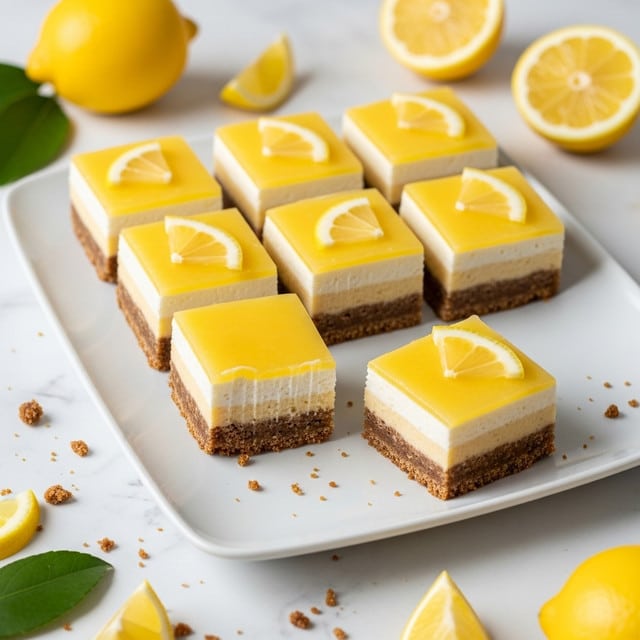 A white rectangular plate holds seven square lemon bars arranged in two neat rows, with one bar lifted slightly showing three distinct layers: a crumbly light brown base, a thick white creamy middle, and a smooth, glossy yellow lemon top layer. Each lemon bar is topped with a thin lemon wedge on the top yellow layer. Crumbs from the bars are scattered around the plate on a white marbled surface. Whole and sliced lemons, along with green leaves, are placed casually around the plate, adding fresh color contrast. photo taken with an iphone --ar 4:5 --v 7