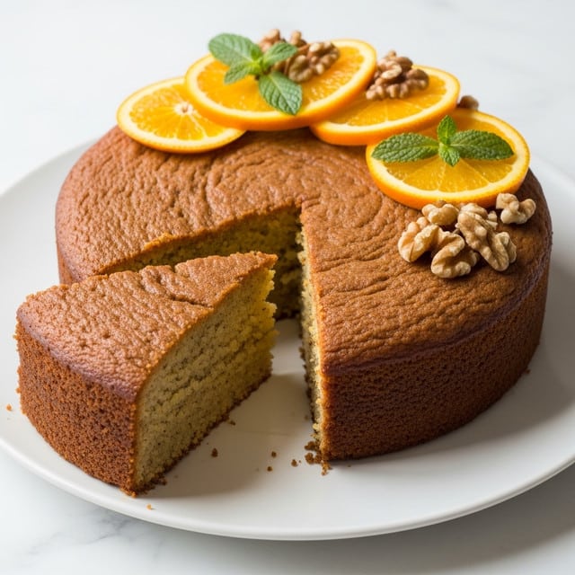 A single-layer round golden brown cake sits on a white plate, with one large triangular slice cut out and slightly pulled away showing a soft and moist texture inside. On top, there are neat overlapping orange slices arranged in a half circle on one side, with a few pieces of walnut and fresh green mint leaves scattered among the fruit. The cake and plate rest on a light white marbled surface. Photo taken with an iphone --ar 4:5 --v 7