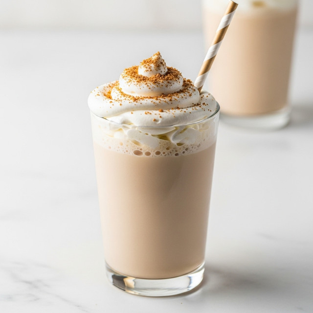 A tall clear glass filled with a smooth light brown creamy drink, layered evenly from bottom to top. On top, there is a thick swirl of white whipped cream sprinkled with a light dusting of brown crumbs and powder. A striped straw is inserted into the drink, standing upright behind the whipped cream. The glass is placed on a white marbled surface, with a blurred second glass of the same drink in the background. photo taken with an iphone --ar 4:5 --v 7