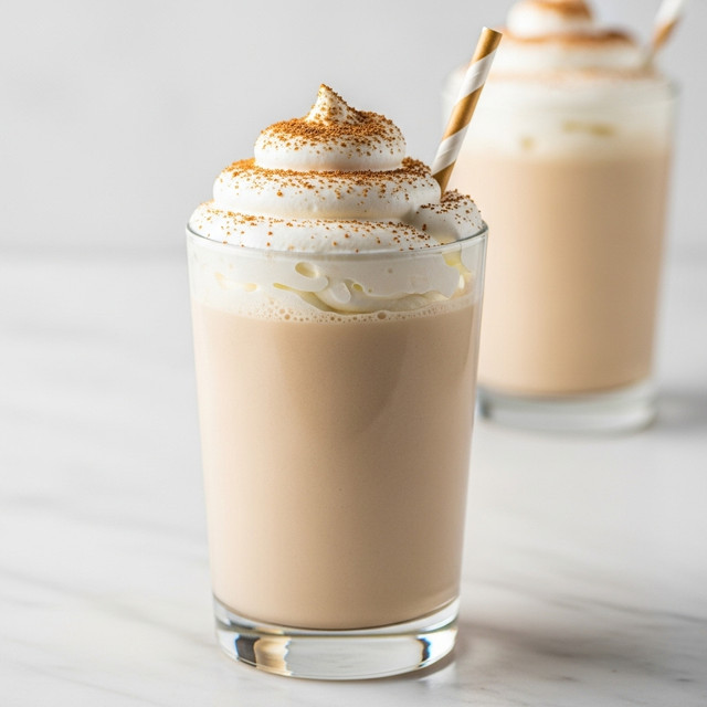 A tall clear glass filled with a thick, smooth pumpkin-colored drink that fills the glass almost to the top, topped with a thick layer of fluffy white whipped cream that swirls upward in soft peaks, garnished with light brown crumbs and a sprinkle of cinnamon powder on top, with a white and yellow striped straw inserted into the whipped cream, all set against a white marbled surface. Photo taken with an iphone --ar 4:5 --v 7