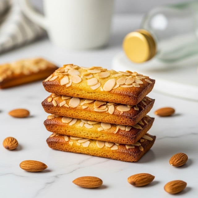 A stack of four almond-topped rectangular cakes is placed on a white marbled surface. Each cake has a golden-brown color with darker edges, and the top layer is decorated with thin, light beige almond slices evenly scattered across. Around the cakes, whole almonds are casually placed on the surface. The background is blurred, showing a white mug and a glass bottle with a golden lid, all set on the same white marbled texture. The lighting highlights the crisp texture of the cakes and almonds, making them look fresh and crunchy. photo taken with an iphone --ar 4:5 --v 7