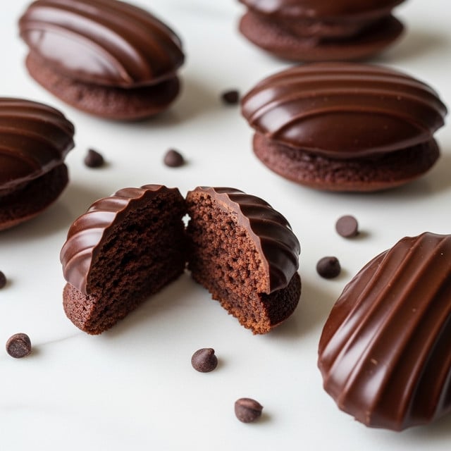 The image shows several chocolate madeleines placed on a white marbled surface. Each madeleine has two main layers: a shiny dark chocolate coating on the outside with a smooth texture and subtle striped pattern, and a soft, moist chocolate cake interior that is visible in one madeleine that is split open. Small round chocolate chips are scattered around the madeleines. The overall scene is bright and clear, focusing on the rich, dark brown colors of the madeleines against the light background. Photo taken with an iphone --ar 4:5 --v 7