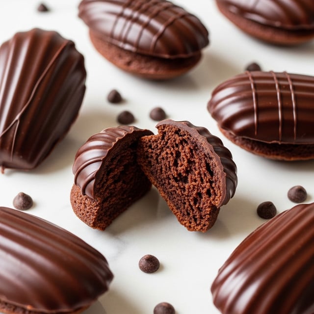 Several dark chocolate madeleines with a shiny, smooth, ridged shell-like top layer and a soft, crumbly chocolate interior are scattered on a white marbled surface. One madeleine is standing on its side, showing the contrast between the glossy shell and the textured inner cake. Small round chocolate chips are sprinkled around them. In the background, blurry white bottles add a soft touch to the scene. photo taken with an iphone --ar 4:5 --v 7