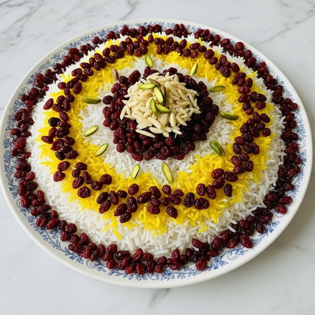 A white plate holds a colorful layered rice dish with a base layer of fluffy white and yellow rice mixed evenly, creating a soft texture. On top, there is a thick circle of dark red dried berries concentrated in the center, with scattered berries around the plate. Inside the berry circle, there are light green slivered pistachios and white almond slivers piled neatly. The plate rests on a white marbled surface. photo taken with an iphone --ar 4:5 --v 7
