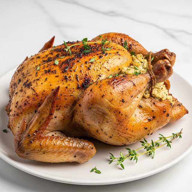 A whole roasted chicken sits on a white plate, showing a golden brown, crispy skin with dark, appealing herb speckles all over its surface, especially on the top and wings. The bird is stuffed with a creamy filling visible at the cavity, adding a soft, textured contrast. A few sprigs of fresh green herbs rest on top and around the chicken, enhancing its rustic look. The background is a white marbled texture, making the colors of the chicken and herbs stand out clearly. photo taken with an iphone --ar 4:5 --v 7