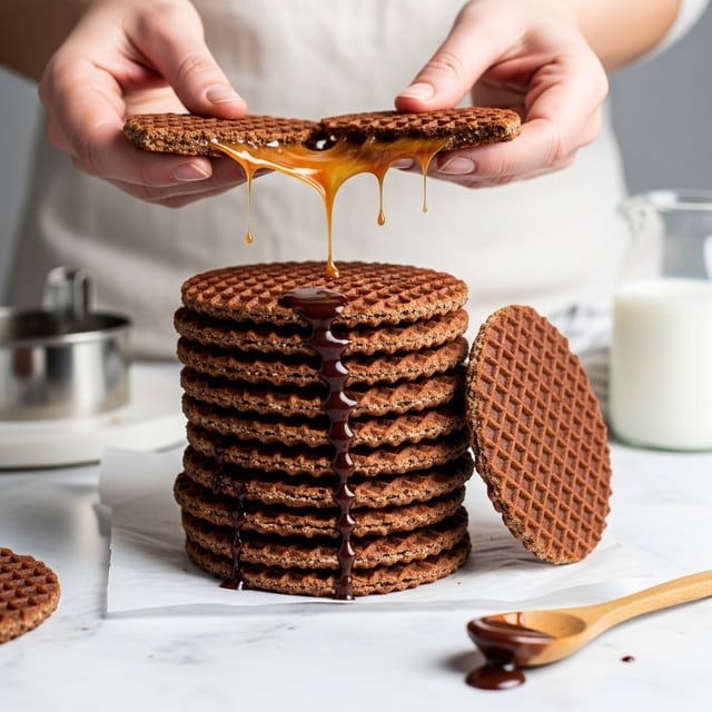 A tall stack of dark brown chocolate stroopwafels with a grid pattern sits on white paper over a white marbled surface, with each round layer showing dripping glossy chocolate syrup between them. A single stroopwafel leans upright against the stack on the right side. Above the stack, a pair of woman's hands holds another stroopwafel broken in half, revealing gooey caramel inside that stretches between the two pieces. To the right of the stack, a wooden spoon filled with syrup rests on the surface, and blurred background elements include a milk glass and a metal baking ring. Photo taken with an iphone --ar 4:5 --v 7