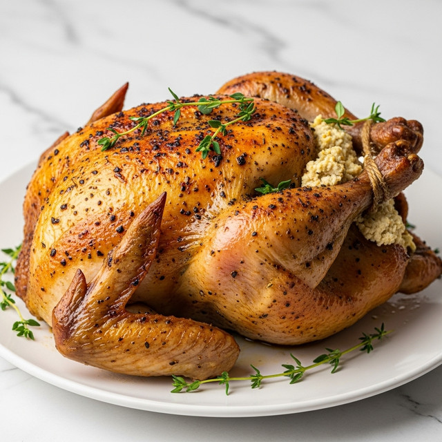 A whole roasted golden brown turkey sits on a white plate with fresh green herbs like thyme and sage underneath it. The skin is crispy with darker brown, slightly charred spots all over. The wings are tucked close to the body. The turkey is stuffed with a pale mixture that looks creamy, with some small herb pieces visible inside. A sprig of thyme lies on top of the turkey, adding a touch of green. The background is a white marbled texture. photo taken with an iphone --ar 4:5 --v 7