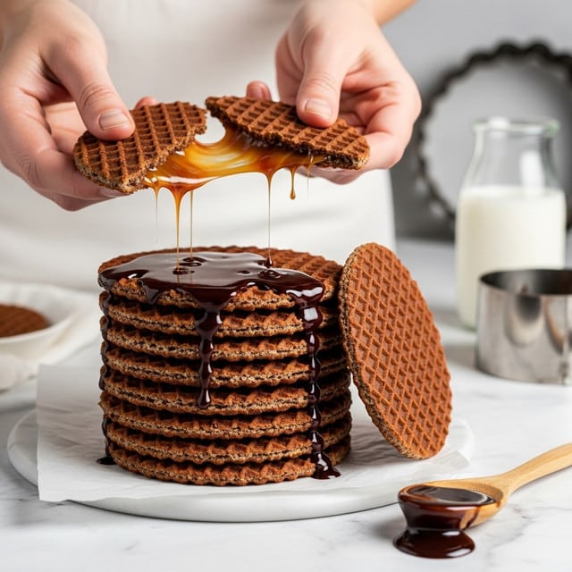 A tall stack of about ten thin, dark brown waffle cookies with visible grid patterns and glossy chocolate spread dripping between each layer sits on a white marbled surface. To the right of the stack, one waffle cookie leans against it slightly, showing the same grid texture. In front of this cookie, a light wooden spoon holds rich, dark chocolate sauce, with a few splashes and crumbs scattered on the surface around it. Above the stack, a woman's two hands pull apart a waffle cookie, revealing a sticky, gooey caramel filling stretching between the broken parts. The bright, soft background enhances the contrast of the dark waffle cookies and shiny chocolate layers. Photo taken with an iphone --ar 4:5 --v 7