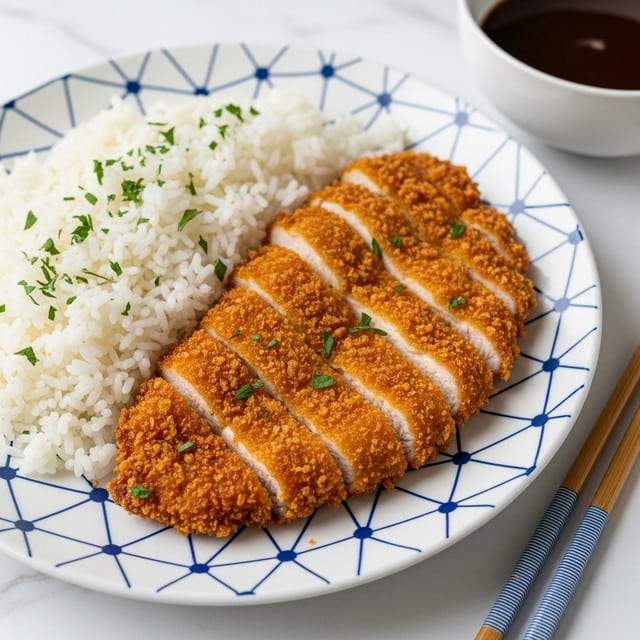A white bowl with a blue geometric pattern holds a bed of fluffy white rice sprinkled with small green herb pieces. On top of the rice, there are two pieces of golden brown breaded chicken cut into thick slices, showing a crispy, crumbly texture on the outside. The chicken pieces are arranged close to each other, with the edges of the rice peeking through. Next to the bowl, on a white marbled surface, part of a white bowl filled with dark brown sauce is visible, along with wooden chopsticks with blue patterned handles resting on a light blue cloth. photo taken with an iphone --ar 4:5 --v 7