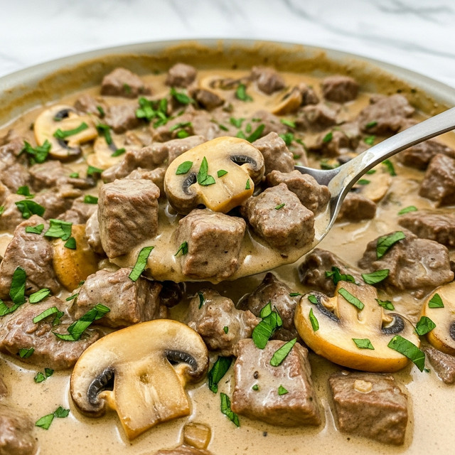 The image shows a close-up of a creamy mushroom and beef stew in a pan. The dish has several layers: the bottom layer is a creamy, light brown sauce with a smooth and thick texture. Mixed throughout the sauce are chunks of tender brown beef and sliced mushrooms with a slightly golden-brown color. The stew is topped with small, bright green pieces of chopped herbs scattered all over, adding a fresh touch. A silver spoon is scooping up a portion, lifting chunks of beef and mushrooms that are covered in the creamy sauce. The background is a white marbled surface. photo taken with an iphone --ar 4:5 --v 7