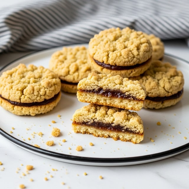 The image shows a white round plate holding five crumbly cookies. Four cookies are whole and stacked on top of each other toward the left side of the plate. They have a rough texture with a golden-brown color, especially on the edges, and a lighter yellowish crumbly top. One cookie is cut in half and placed on the right side of the plate, showing two layers: a crumbly golden top and bottom layer with a thick, dark brown filling layer in the middle. Small crumbs are scattered around the plate, all on a white marbled surface. photo taken with an iphone --ar 4:5 --v 7