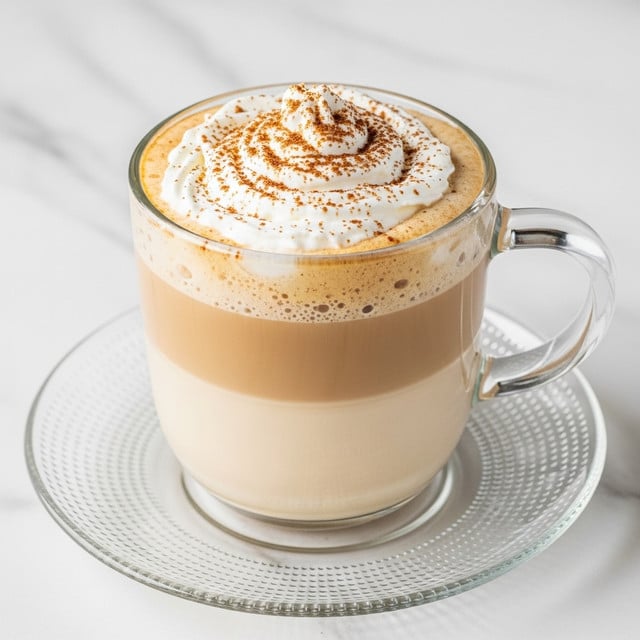 The image shows a clear glass mug filled with a creamy light brown coffee drink, topped with a thick, fluffy layer of whipped cream sprinkled evenly with a dusting of cinnamon or cocoa powder. The drink has two visible layers: the bottom layer is a smooth, light beige cream color, and the top layer is a more frothy, slightly darker coffee tone just beneath the whipped cream. The glass mug sits on a clear textured glass saucer, both resting on a white marbled surface. Photo taken with an iphone --ar 4:5 --v 7