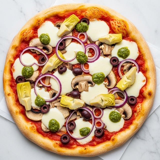 This image shows a round pizza with a thick golden brown crust. The base has a layer of red tomato sauce spread evenly, topped by white melted mozzarella cheese in small patches spread all over. Scattered on top are black olives cut in half, thin slices of mushrooms with a beige and brown color, and pieces of pale yellow artichoke hearts. There are also thin slices of purple-red onion spread across the pizza. Small dollops of green pesto sauce are placed on top of the cheese and vegetables, adding contrast. The pizza is set on a white marbled texture surface with a corner of white paper under part of it. photo taken with an iphone --ar 4:5 --v 7