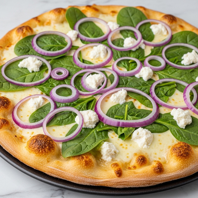A close-up view of a freshly baked pizza with a golden, slightly crispy crust on a round metal tray. The first layer is melted white cheese covering the dough evenly. On top, there are bright green spinach leaves spread out, some slightly wilted from baking. Scattered over the spinach are thick rings of purple-red onion adding color contrast. Crumbled white cheese is sprinkled across the pizza in small chunks, creating a textured look. The overall surface shows bubbling cheese with small browned spots, highlighting the baked texture. The scene rests on a white marbled surface. photo taken with an iphone --ar 4:5 --v 7