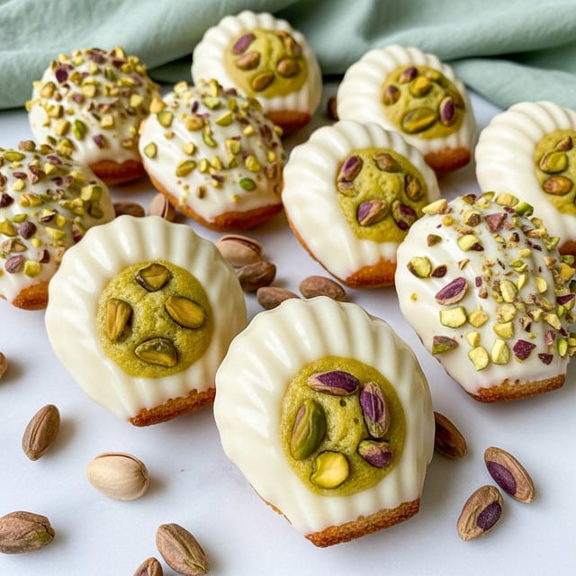 The image shows shell-shaped madeleine cookies with two main layers. The bottom layer is a golden-brown, moist cake embedded with small pieces of green pistachios, uneven in texture with a slightly raised center. The top layer is a smooth, thick white chocolate coating covering the back of the cookies, molded with ridges that follow the shell shape. Some cookies show the golden cake side up, while others show the white chocolate shell side. Scattered around the cookies are whole green pistachios. The setting is on a white marbled surface with a soft green cloth partially visible. photo taken with an iphone --ar 4:5 --v 7