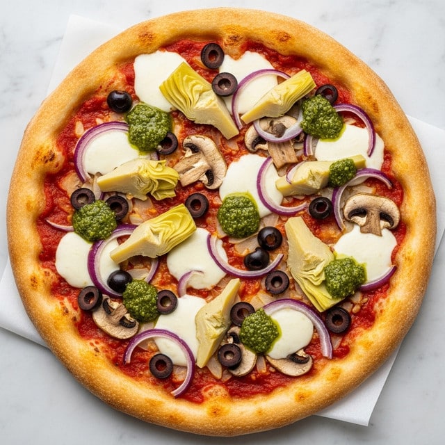 A round pizza with a golden-brown crust forms the base, topped with a reddish tomato sauce layer that covers the surface evenly. On top, there are creamy white melted cheese blobs scattered around. Thinly sliced light brown mushrooms and purplish-black olives are spread evenly across the pizza. Pale artichoke hearts and thin slices of purple onion are also placed on it. Small dollops of green pesto sauce are dotted randomly over the toppings. The pizza rests on a white surface with a marbled texture. photo taken with an iphone --ar 4:5 --v 7