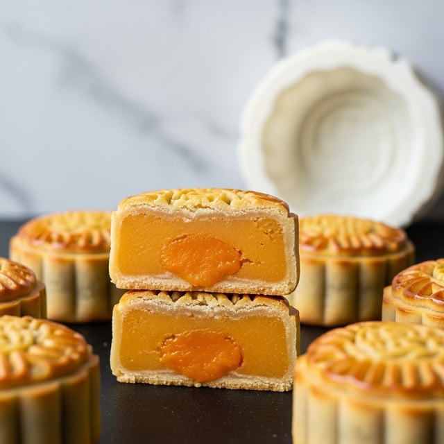 The image shows a close-up of a mooncake cut in half and stacked, revealing two thick, smooth layers of bright orange filling inside a light golden pastry crust. The outer shell has a patterned top with a slightly crumbly texture. Around the stack, whole mooncakes with the same textured golden tops are placed on a dark surface, with a white marbled texture background subtly visible. A white mooncake mold is blurred in the background. The scene is softly lit, highlighting the filling's smoothness and pastry's firmness. Photo taken with an iphone --ar 4:5 --v 7