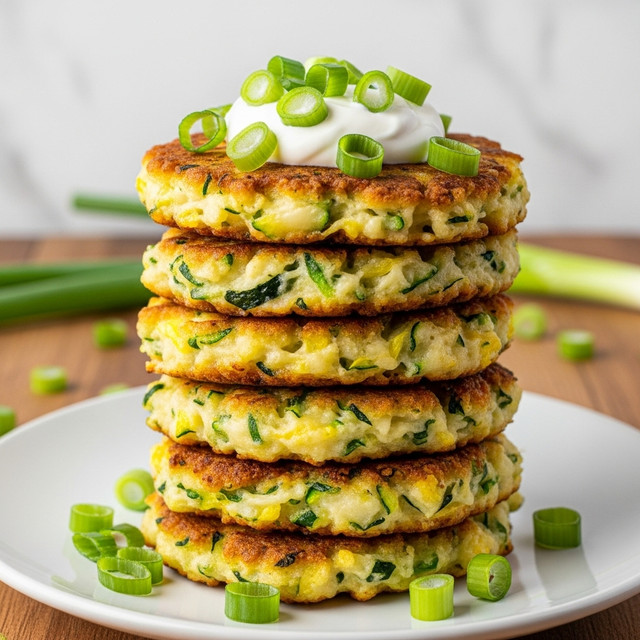A stack of five golden-brown zucchini fritters with crispy edges sits on a white plate, each fritter showing flecks of green zucchini and a slightly rough texture. On top of the stack is a dollop of white creamy sauce, garnished with small slices of bright green scallions. Some scallions are scattered around the base on the white plate. The background shows a wooden surface with the plate placed on it, while the overall scene is softly lit, highlighting the colors and textures of the fritters. photo taken with an iphone --ar 4:5 --v 7
