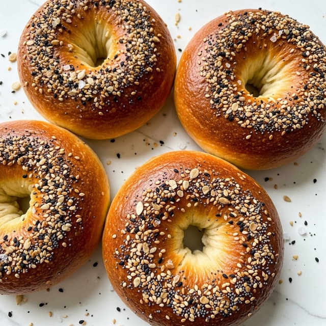 Four golden brown bagels sit close together on a white marbled surface, each bagel topped with a thick, even layer of mixed seeds including white sesame seeds, black sesame seeds, and bits of coarse salt. The bagels have a slightly rough, toasted texture, with a smooth, shiny finish on top and a soft, dense interior visible through their large holes in the center. Small scattered seeds and crumbs surround them, enhancing their fresh-baked look. photo taken with an iphone --ar 4:5 --v 7