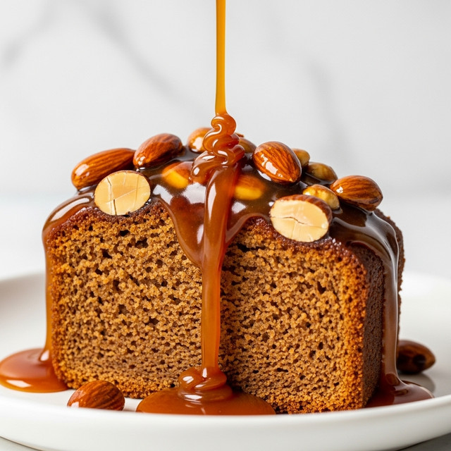 A close-up view of a single thick slice of moist, golden brown cake with a slightly rough texture, topped with a shiny, sticky amber caramel sauce dripping down the sides. Scattered on top are whole and halved almonds, embedded in the caramel, adding a glossy, nutty layer. The slice is placed in a simple white dish, with a smooth caramel stream being poured from above onto the center, enhancing the shine and wet look of the caramel and nuts. The background has a subtle white marbled texture. photo taken with an iphone --ar 4:5 --v 7