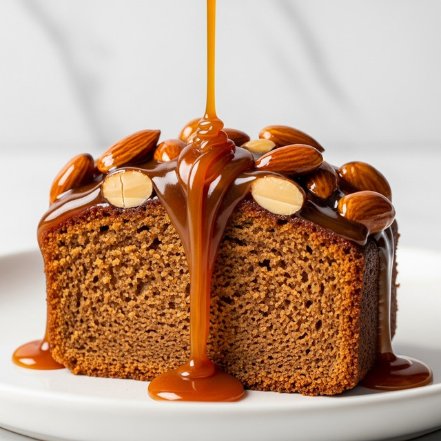 The image shows a close-up of a moist, golden-brown cake with a textured surface, covered in a thick layer of glossy caramel sauce that is being poured from above. The caramel sauce drips down the sides of the cake, blending with scattered light tan almond slices that add a slight crunch on top. The cake sits inside a white plate, and the background has a white marbled texture, creating a clean and bright setting. The focus is on the rich caramel and almond topping contrasting with the crumbly cake base photo taken with an iphone --ar 4:5 --v 7